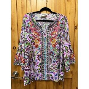 Savanna Jane Boho Embroidered V Neck 3/4 Bell Sleeve Pullover Blouse Size XL